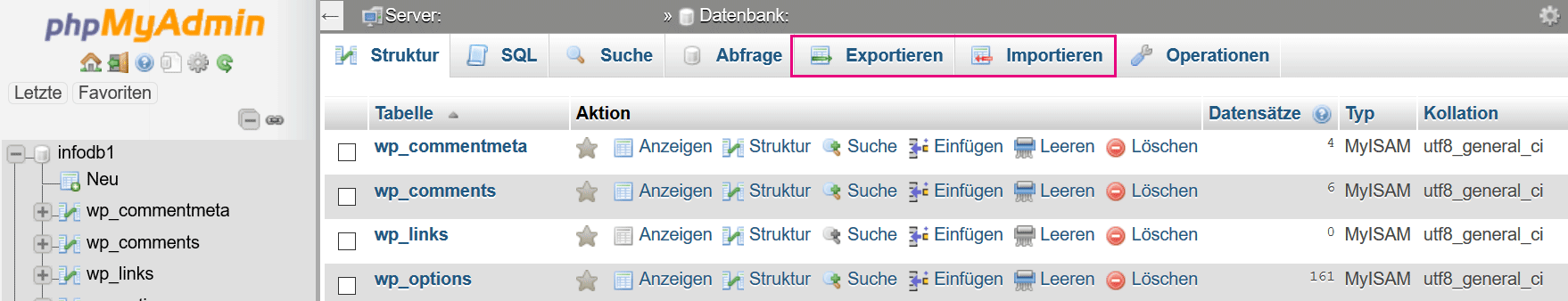 Datenbank exportieren und importieren in phpMyAdmin | miss-webdesign.at