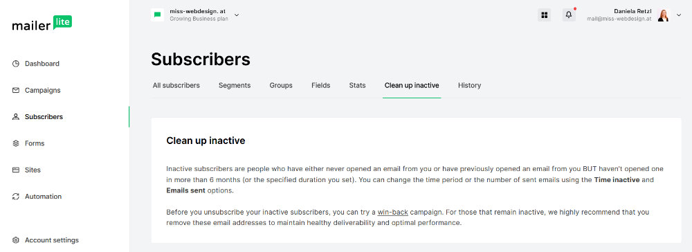 Finde und bereinige inaktive Abonnenten in MailerLite | miss-webdesign.at